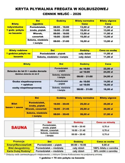 Cennik wejść 2026 krytej pływalni Fregata w Kolbuszowej, z cenami bilet&oacute;w, sauny i promocji
