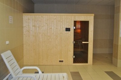 Sauna z jasnego drewna z przeszklonymi drzwiami i leżakiem w strefie relaksu