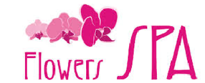 Logo Flowers SPA z r&oacute;żowymi kwiatami i napisem w intensywnym r&oacute;żu